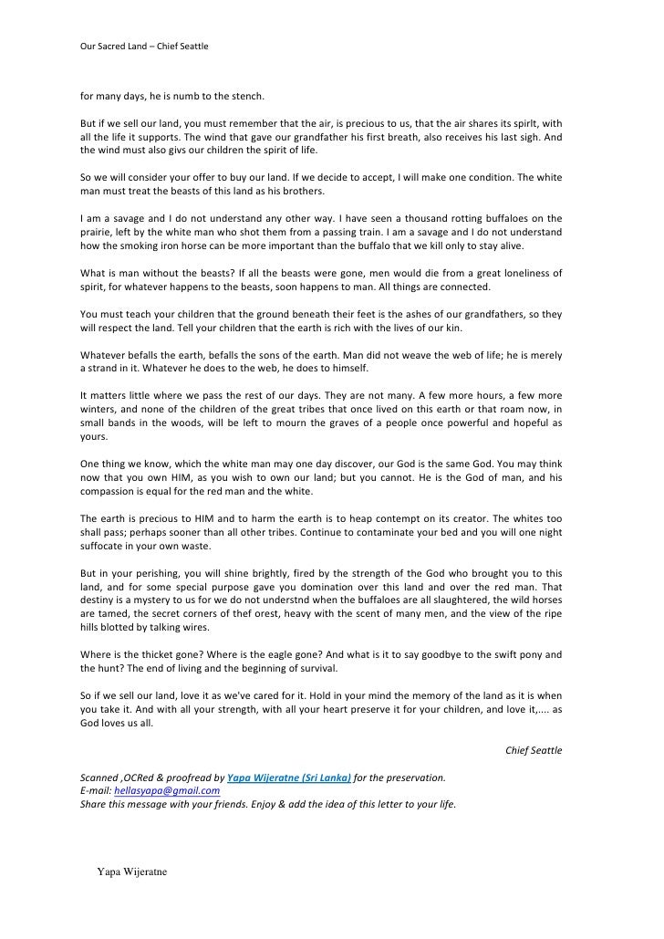our sacred land chief seattle letter