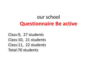 our school

Questionnaire Be active
Class:9, 27 students
Class:10, 21 students
Class:11, 22 students
Total:70 students

 