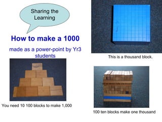 Sharing the Learning This is a thousand block. You need 10 100 blocks to make 1,000 How to make a 1000 made as a power-point by Yr3 students 100 ten blocks make one thousand 100 ten blocks make one  thousand 