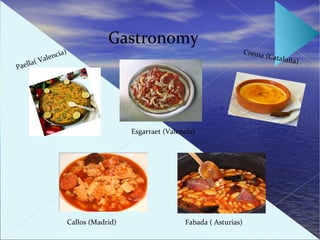 Gastronomy
                     a)                                                          C rem a
           V al enci                                                                       (Catalu
                                                                                                  ña)
       (
Paella




                                            Esgarraet (Valencia)




                          Callos (Madrid)                   Fabada ( Asturias)
 