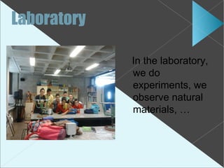 Laboratory

             In the laboratory,
             we do
             experiments, we
             observe natural
             materials, …
 