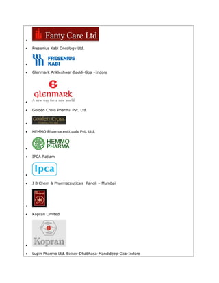 •
• Fresenius Kabi Oncology Ltd.
•
• Glenmark Ankleshwar-Baddi-Goa –Indore
•
• Golden Cross Pharma Pvt. Ltd.
•
• HEMMO Pharmaceuticuals Pvt. Ltd.
•
• IPCA Ratlam
•
• J B Chem & Pharmaceuticals Panoli – Mumbai
•
• Kopran Limited
•
• Lupin Pharma Ltd. Boiser-Dhabhasa-Mandideep-Goa-Indore
 