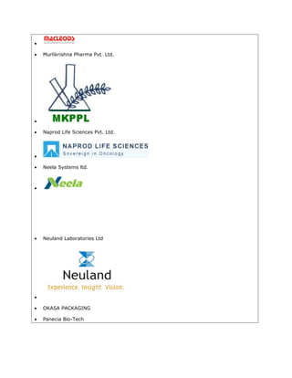 •
• Murlikrishna Pharma Pvt. Ltd.
•
• Naprod Life Sciences Pvt. Ltd.
•
• Neela Systems ltd.
•
• Neuland Laboratories Ltd
•
• OKASA PACKAGING
• Panecia Bio-Tech
 