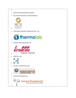 •
• Solrex Pharmaceuticals Company
• Sun Pharmaceuticals Halol-Kharkhadi
•
• Thermolab Scientific Equipments Pvt. Ltd.
•
• Troikaa Pharmaceuticals Ltd.
•
• UCB Pvt. Ltd.
•
• Unichem Laboratories Ltd.
•
• Unimark Remedies Ltd.
•
 