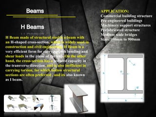 H Beam made of structural steel is a beam with
an H-shaped cross-section, which is widely used in
construction and civil engineering. H Beam is a
very efficient form for carrying both bending and
shear loads in the plane of the web. On the other
hand, the cross-section has a reduced capacity in
the transverse direction, and is also inefficient in
carrying torsion, for which hollow structural
sections are often preferred , and its also known
as I beam.
APPLICATION:
Commercial building structure
Pre-engineered buildings
Machinery support structures
Prefabricated structure
Medium scale bridges
Sizes:100mm to 900mm
 