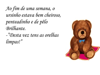 Ao fim de uma semana, o ursinho estava bem cheiroso, penteadinho e de pêlo  Brilhante. -”Desta vez tens as orelhas limpas!” 