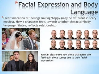 *
* Clear indication of feelings smiling/happy (may be different in scary
 movies). How a character feels towards another character/body
 language. States, reflects relationship.




                             You can clearly see how these characters are
                             feeling in these scenes due to their facial
                             expressions.
 