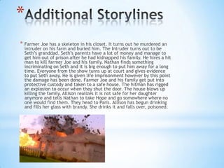 *
* Farmer Joe has a skeleton in his closet. It turns out he murdered an
  intruder on his farm and buried him. The Intruder turns out to be
  Seth‟s granddad. Seth‟s parents have a lot of money and manage to
  get him out of prison after he had kidnapped his family. He hires a hit
  man to kill farmer Joe and his family. Nathan finds something
  incriminating on Seth and it is big enough to put him away for a long
  time. Everyone from the show turns up at court and gives evidence
  to put Seth away. He is given life imprisonment however by this point
  the damage has been done. Farmer Joe and his family get put into
  protective custody and taken to a safe house. The hitman has rigged
  an explosion to occur when they shut the door. The house blows up
  killing the family. Allison realizes it is not safe for her daughter
  anymore and tells Nathan to take Hope and go somewhere where no
  one would find them. They head to Paris. Allison has begun drinking
  and fills her glass with brandy. She drinks it and falls over, poisoned.
 