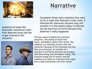 Coronation Street had a storyline that went
                                     on for a week that featured a tram crash. It
                                     effected the characters because they still
                                     mention it in discussions today. It effected
Audiences of soaps like
                                     the die-hard fans of Corrie because they
Eastenders sometimes come
                                     believed it really happened.
from deprived areas and like
to get involved in the
                               The new series of Dallas has numerous
storylines.
                               storylines. The selling of South fork
                               ranch, and Bobby‟s battle with cancer. The
                               audience can instantly connect with the
                               characters because of the storylines and how
                               they are portrayed. An example of a
                               storyline is the battle between the brothers
                               John Ross Ewing and Christopher Ewing. This
                               storyline brings lots of tension and the
                               audience can relate to it because they might
                               have a bad relationship with their family.
 