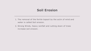 Soil Erosion
1. The removal of the fertile topsoil by the actin of wind and
water is called Soil erosion.
2. Strong Winds, heavy rainfall and cutting down of trees
increase soil erosion.
 