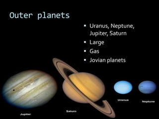 Outer planets
                 Uranus, Neptune,
                  Jupiter, Saturn
                 Large
                 Gas
                 Jovian planets
 