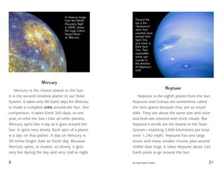 8
Mercury
Mercury is the closest planet to the Sun. 
It is the second smallest planet in our Solar
System. It takes only 88 Earth days for Mercury
to make a complete orbit around the Sun. (For
comparison, it takes Earth 365 days, or one
year, to orbit the Sun.) Like all other planets,
Mercury spins like a top as it goes around the
Sun. It spins very slowly. Each spin of a planet
is a day on that planet. A day on Mercury is
59 times longer than an Earth day. Because
Mercury spins, or rotates, so slowly, it gets  .
very hot during the day and very cold at night.
A close-up image
from the NASA
Discovery flight
in 2008, shows
the huge Caloris
Impact Basin
on Mercury.
Our Solar System • Level S 21
Neptune
Neptune is the eighth planet from the Sun. 
Neptune and Uranus are sometimes called
the twin giants because they are so much
alike. They are about the same size and color
and both are covered with thick clouds. But
Neptune’s winds are the fastest in the Solar
System—reaching 2,000 kilometers per hour
(over 1,242 mph). Neptune has one large
moon and many smaller moons, plus several
visible dust rings. It takes Neptune about 165
Earth years to go around the Sun.
Toward the
top is the
“backward”
storm that
scientists have
named Dark
Spot One
and lower is,
Dark Spot
Two. Their
cyclonelike
winds spin
counter to
the direction
of Neptune’s
orbit.
 