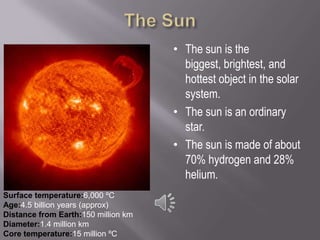 • The sun is the
                                       biggest, brightest, and
                                       hottest object in the solar
                                       system.
                                     • The sun is an ordinary
                                       star.
                                     • The sun is made of about
                                       70% hydrogen and 28%
                                       helium.
Surface temperature:6,000 ºC
Age:4.5 billion years (approx)
Distance from Earth:150 million km
Diameter:1.4 million km
Core temperature:15 million ºC
 