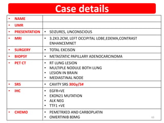 • NAME
• UMR
• PRESENTATION • SEIZURES, UNCONSCIOUS
• MRI • 3.2X3.2CM, LEFT OCCIPITAL LOBE,EDEMA,CONTRAST
ENHANCEMNET
• SURGERY • TOTAL EXCISON
• BIOPSY • METASTATIC PAPILLARY ADENOCARCINOMA
• PET CT • RT LUNG LESION
• MULTIPLE NODULE BOTH LUNG
• LESION IN BRAIN
• MEDIASTINAL NODE
• SRS • CAVITY SRS 30Gy/5#
• IHC • EGFR+VE
• EXON21 MUTATION
• ALK NEG
• TTF1 +VE
• CHEMO • PEMETRXED AND CARBOPLATIN
• OMERTINIB 80MG
Case details
43
 