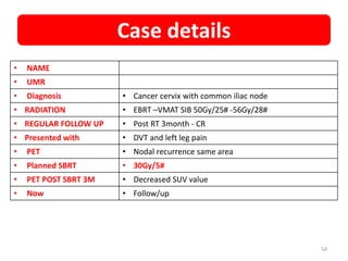 • NAME
• UMR
• Diagnosis • Cancer cervix with common iliac node
• RADIATION • EBRT –VMAT SIB 50Gy/25# -56Gy/28#
• REGULAR FOLLOW UP • Post RT 3month - CR
• Presented with • DVT and left leg pain
• PET • Nodal recurrence same area
• Planned SBRT • 30Gy/5#
• PET POST SBRT 3M • Decreased SUV value
• Now • Follow/up
Case details
54
 