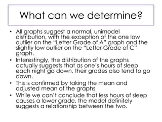 What can we determine?All graphs suggest a normal, unimodel distribution, with the exception of the one low outlier on the “Letter Grade of A” graph and the slightly low outlier on the “Letter Grade of C” graph.Interestingly, the distribution of the graphs actually suggests that as one’s hours of sleep each night go down, their grades also tend to go down.This is confirmed by taking the mean and adjusted mean of the graphsWhile we can’t conclude that less hours of sleep causes a lower grade, the model definitely suggests a relationship between the two.