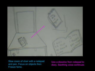 Slow zoom of chair with a notepad and pen. Focus on objects then Freeze fame.  Use a dissolve from notepad to diary. Soothing voice continues 