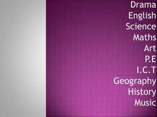 Drama
English
Science
Maths
Art
P.E
I.C.T
Geography
History
Music
 