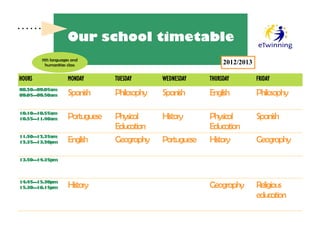 Our school timetable
        11th languages and
          humanities class                                       2012/2013

HOURS                MONDAY       TUESDAY      WEDNESDAY    THURSDAY         FRIDAY
08.20—09.05am
09.05—09.50am        Spanish      Philosophy   Spanish      English          Philosophy

10.10—10.55am
10.55—11.40am        Portuguese   Physical     History      Physical         Spanish
                                  Education                 Education
11.50—12.35am
12.35—13.20pm        English      Geography    Portuguese   History          Geography

13.50—14.35pm




14.45—15.30pm
15.30—16.15pm        History                                Geography        Religious
                                                                             education
 