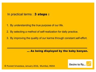 © Puneet Srivastava, January 2016, Mumbai, INDIA
In practical terms : 3 steps :
1. By understanding the true purpose of our life.
2. By selecting a method of self-realization for daily practice.
3. By improving the quality of our karma through constant self-effort.
… As being displayed by the baby banyan.
 
