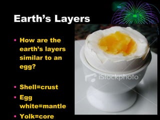 Earth’s Layers How are the earth’s layers similar to an egg? Shell=crust Egg white=mantle Yolk=core 