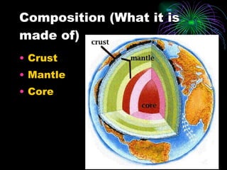 Composition (What it is made of) Crust Mantle Core 