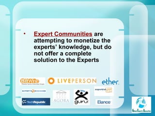 Expert Communities  are attempting to monetize the experts’ knowledge, but do not offer a complete solution to the Experts 