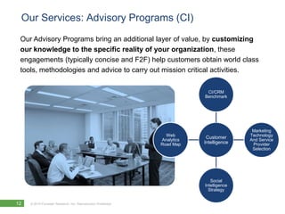 Our Services: Advisory Programs (CI)
 Our Advisory Programs bring an additional layer of value, by customizing
 our knowledge to the specific reality of your organization, these
 engagements (typically concise and F2F) help customers obtain world class
 tools, methodologies and advice to carry out mission critical activities.

                                                                            CI/CRM
                                                                           Benchmark




                                                                                           Marketing
                                                                 Web        Customer      Technology
                                                               Analytics                  And Service
                                                               Road Map    Intelligence    Provider
                                                                                           Selection




                                                                              Social
                                                                           Intelligence
                                                                             Strategy


12   © 2010 Forrester Research, Inc. Reproduction Prohibited
 