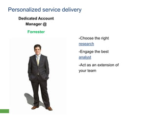 Personalized service delivery
       Dedicated Account
          Manager @
                  Forrester
                                                               -Choose the right
                                                               research
                                                               -Engage the best
                                                               analyst

                                                               -Act as an extension of
                                                               your team




25   © 2010 Forrester Research, Inc. Reproduction Prohibited
 