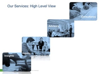 Our Services: High Level View

                                                                          Consultancy


                                                               Advisory




                            Inquiry
Insights




 7   © 2010 Forrester Research, Inc. Reproduction Prohibited
 