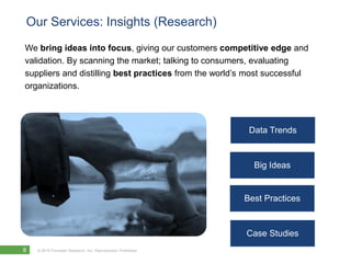 Our Services: Insights (Research)
We bring ideas into focus, giving our customers competitive edge and
validation. By scanning the market; talking to consumers, evaluating
suppliers and distilling best practices from the world’s most successful
organizations.




                                                               Data Trends


                                                                Big Ideas


                                                              Best Practices


                                                              Case Studies
8   © 2010 Forrester Research, Inc. Reproduction Prohibited
 