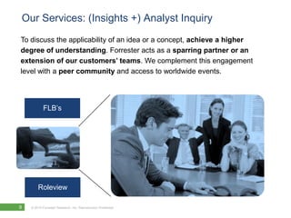 Our Services: (Insights +) Analyst Inquiry
To discuss the applicability of an idea or a concept, achieve a higher
degree of understanding. Forrester acts as a sparring partner or an
extension of our customers’ teams. We complement this engagement
level with a peer community and access to worldwide events.




            FLB’s




        Roleview

9   © 2010 Forrester Research, Inc. Reproduction Prohibited
 