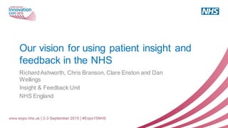 Our vision for using patient insight and
feedback in the NHS
RichardAshworth, Chris Branson, Clare Enston and Dan
Wellings
Insight & Feedback Unit
NHS England
 
