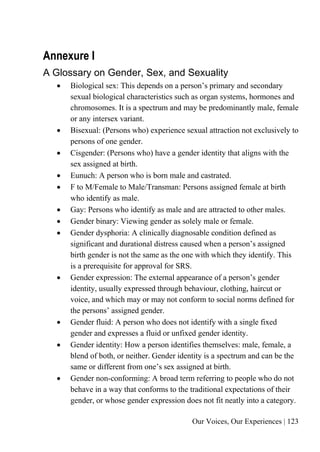Our Voices, Our Experiences | 123
Annexure I
A Glossary on Gender, Sex, and Sexuality
• Biological sex: This depends on a person’s primary and secondary
sexual biological characteristics such as organ systems, hormones and
chromosomes. It is a spectrum and may be predominantly male, female
or any intersex variant.
• Bisexual: (Persons who) experience sexual attraction not exclusively to
persons of one gender.
• Cisgender: (Persons who) have a gender identity that aligns with the
sex assigned at birth.
• Eunuch: A person who is born male and castrated.
• F to M/Female to Male/Transman: Persons assigned female at birth
who identify as male.
• Gay: Persons who identify as male and are attracted to other males.
• Gender binary: Viewing gender as solely male or female.
• Gender dysphoria: A clinically diagnosable condition defined as
significant and durational distress caused when a person’s assigned
birth gender is not the same as the one with which they identify. This
is a prerequisite for approval for SRS.
• Gender expression: The external appearance of a person’s gender
identity, usually expressed through behaviour, clothing, haircut or
voice, and which may or may not conform to social norms defined for
the persons’ assigned gender.
• Gender fluid: A person who does not identify with a single fixed
gender and expresses a fluid or unfixed gender identity.
• Gender identity: How a person identifies themselves: male, female, a
blend of both, or neither. Gender identity is a spectrum and can be the
same or different from one’s sex assigned at birth.
• Gender non-conforming: A broad term referring to people who do not
behave in a way that conforms to the traditional expectations of their
gender, or whose gender expression does not fit neatly into a category.
 