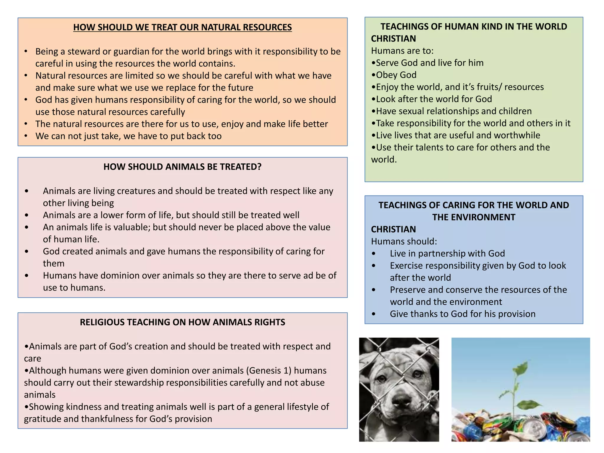 HOW SHOULD WE TREAT OUR NATURAL RESOURCES 
• Being a steward or guardian for the world brings with it responsibility to be 
careful in using the resources the world contains. 
• Natural resources are limited so we should be careful with what we have 
and make sure what we use we replace for the future 
• God has given humans responsibility of caring for the world, so we should 
use those natural resources carefully 
• The natural resources are there for us to use, enjoy and make life better 
• We can not just take, we have to put back too 
TEACHINGS OF HUMAN KIND IN THE WORLD 
CHRISTIAN 
Humans are to: 
•Serve God and live for him 
•Obey God 
•Enjoy the world, and it’s fruits/ resources 
•Look after the world for God 
•Have sexual relationships and children 
•Take responsibility for the world and others in it 
•Live lives that are useful and worthwhile 
•Use their talents to care for others and the 
world. 
TEACHINGS OF CARING FOR THE WORLD AND 
THE ENVIRONMENT 
CHRISTIAN 
Humans should: 
• Live in partnership with God 
• Exercise responsibility given by God to look 
after the world 
• Preserve and conserve the resources of the 
world and the environment 
• Give thanks to God for his provision 
HOW SHOULD ANIMALS BE TREATED? 
• Animals are living creatures and should be treated with respect like any 
other living being 
• Animals are a lower form of life, but should still be treated well 
• An animals life is valuable; but should never be placed above the value 
of human life. 
• God created animals and gave humans the responsibility of caring for 
them 
• Humans have dominion over animals so they are there to serve ad be of 
use to humans. 
RELIGIOUS TEACHING ON HOW ANIMALS RIGHTS 
•Animals are part of God’s creation and should be treated with respect and 
care 
•Although humans were given dominion over animals (Genesis 1) humans 
should carry out their stewardship responsibilities carefully and not abuse 
animals 
•Showing kindness and treating animals well is part of a general lifestyle of 
gratitude and thankfulness for God’s provision 
 