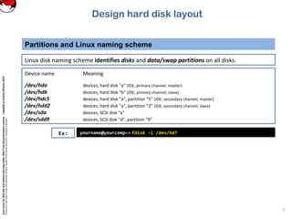 CoreLinuxforRedHatandFedoralearningunderGNUFreeDocumentationLicense-Copyleft(c)AcácioOliveira2012
Everyoneispermittedtocopyanddistributeverbatimcopiesofthislicensedocument,changingisallowed
Partitions and Linux naming scheme
7
Linux disk naming scheme identifies disks and data/swap partitions on all disks.
Device name Meaning
/dev/hda devices, hard disk “a” (IDE, primary channel, master)
/dev/hdb devices, hard disk “b” (IDE, primary channel, slave)
/dev/hdc5 devices, hard disk “a”, partition “5” (IDE, secondary channel, master)
/dev/hdd2 devices, hard disk “a”, partition “2” (IDE, secondary channel, slave)
/dev/sda devices, SCSI disk “a”
/dev/sdd9 devices, SCSI disk “d”, partition “9”
yourname@yourcomp~> fdisk -l /dev/hd?Ex:
Design hard disk layout
 
