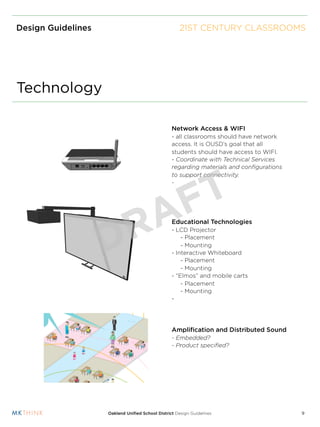 Design Guidelines                                    21ST CENTURY CLASSROOMS




Technology

                                                 Network Access & WIFI
                                                 - all classrooms should have network
                                                 access. It is OUSD’s goal that all
                                                 students should have access to WIFI.
                                                 - Coordinate with Technical Services
                                                 regarding materials and conﬁgurations
                                                 to support connectivity.



                                             T
                                                 -




                                          A F
                    D R                          Educational Technologies
                                                 - LCD Projector
                                                     - Placement
                                                     - Mounting
                                                 - Interactive Whiteboard
                                                     - Placement
                                                     - Mounting
                                                 - “Elmos” and mobile carts
                                                     - Placement
                                                     - Mounting
                                                 -




                                                 Ampliﬁcation and Distributed Sound
                                                 - Embedded?
                                                 - Product speciﬁed?




                    Oakland Uniﬁed School District Design Guidelines                     9
 