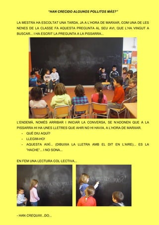 “HAN CRECIDO ALGUNOS POLLITOS MÁS?”
LA MESTRA HA ESCOLTAT UNA TARDA, JA A L’HORA DE MARXAR, COM UNA DE LES
NENES DE LA CLASSE FA AQUESTA PREGUNTA AL SEU AVI, QUE L’HA VINGUT A
BUSCAR... I HA ESCRIT LA PREGUNTA A LA PISSARRA...
L’ENDEMÀ, NOMÉS ARRIBAR I INICIAR LA CONVERSA, SE N’ADONEN QUE A LA
PISSARRA HI HA UNES LLETRES QUE AHIR NO HI HAVIA, A L’HORA DE MARXAR.
- QUÈ DIU AQUÍ?
- LLEGIM-HO!
- AQUESTA AIXÍ... (DIBUIXA LA LLETRA AMB EL DIT EN L’AIRE)... ES LA
”HACHE”... I NO SONA...
EN FEM UNA LECTURA COL·LECTIVA...
- HAN CREQUIIII...DO...
 