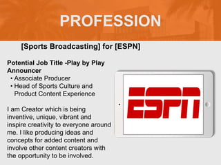 PROFESSION
Potential Job Title -Play by Play
Announcer
• Associate Producer
• Head of Sports Culture and
Product Content E...