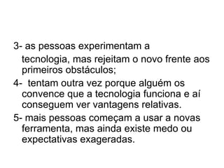 3- as pessoas experimentam a
  tecnologia, mas rejeitam o novo frente aos
  primeiros obstáculos;
4- tentam outra vez porque alguém os
  convence que a tecnologia funciona e aí
  conseguem ver vantagens relativas.
5- mais pessoas começam a usar a novas
  ferramenta, mas ainda existe medo ou
  expectativas exageradas.
 