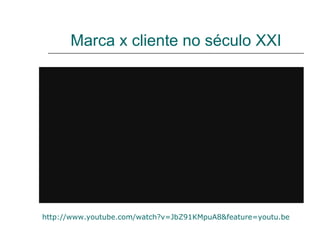 Marca x cliente no século XXI




http://www.youtube.com/watch?v=JbZ91KMpuA8&feature=youtu.be
 