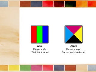 RGB
Uso para tela
(TV, internet, etc.)

CMYK
Uso para papel
(cartaz, folder, outdoor)

 