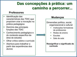Das concepções à prática: um
caminho a percorrer...
Dimensões política, social,
organizacional e cultural
 Instituições formadoras
de professores
 Redes de ensino
 Escolas
 Sala de aula
Ressignificar o significado do
currículo
 Identificação das
características das TDIC que
propiciem criar a inovação na
prática pedagógica
 Domínio das principais
funções das TDIC
 Conhecimento pedagógico e
do conteúdo específico da
área de estudos
 Olhar crítico sobre o currículo
 Abertura para trabalhar a
partir das experiências dos
alunos
Professores
Mudanças
 