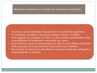 Elementos pontuados na produção das ferramentas mediáticas
• Os temas a serem escolhidos ficaram de livre escolha dos estudantes.
• Os estudantes escolhiam com quem queriam realizar o trabalho.
• Para sugestão de produção do vídeo, os alunos foram questionados sobre
a possibilidade de transformar seus textos em vídeos.
• Como primeiro passo foi apresentado um vídeo de uma fábula onde foram
feitas sugestões de como poderiam desenvolver seus trabalhos.
• Na correção do texto foram abordado os aspectos estruturais, ortografia e
principalmente a coerência.
 