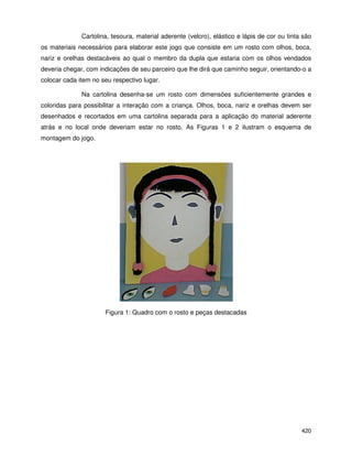 420
Cartolina, tesoura, material aderente (velcro), elástico e lápis de cor ou tinta são
os materiais necessários para elaborar este jogo que consiste em um rosto com olhos, boca,
nariz e orelhas destacáveis ao qual o membro da dupla que estaria com os olhos vendados
deveria chegar, com indicações de seu parceiro que lhe dirá que caminho seguir, orientando-o a
colocar cada item no seu respectivo lugar.
Na cartolina desenha-se um rosto com dimensões suficientemente grandes e
coloridas para possibilitar a interação com a criança. Olhos, boca, nariz e orelhas devem ser
desenhados e recortados em uma cartolina separada para a aplicação do material aderente
atrás e no local onde deveriam estar no rosto. As Figuras 1 e 2 ilustram o esquema de
montagem do jogo.
Figura 1: Quadro com o rosto e peças destacadas
 