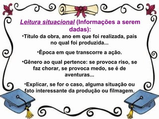 Leitura situacional (Informações a serem
                 dadas):
•Título da obra, ano em que foi realizada, país
            no qual foi produzida...
      •Época em que transcorre a ação.
•Gênero ao qual pertence: se provoca riso, se
    faz chorar, se provoca medo, se é de
                 aventuras...
 •Explicar, se for o caso, alguma situação ou
 fato interessante da produção ou filmagem.
 
