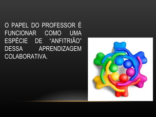O PAPEL DO PROFESSOR É
FUNCIONAR COMO UMA
ESPÉCIE DE “ANFITRIÃO”
DESSA     APRENDIZAGEM
COLABORATIVA.
 