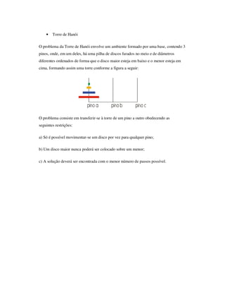 • Torre de Hanói
O problema da Torre de Hanói envolve um ambiente formado por uma base, contendo 3
pinos, onde, em um deles, há uma pilha de discos furados no meio e de diâmetros
diferentes ordenados de forma que o disco maior esteja em baixo e o menor esteja em
cima, formando assim uma torre conforme a figura a seguir:
O problema consiste em transferir-se à torre de um pino a outro obedecendo as
seguintes restrições:
a) Só é possível movimentar-se um disco por vez para qualquer pino;
b) Um disco maior nunca poderá ser colocado sobre um menor;
c) A solução deverá ser encontrada com o menor número de passos possível.
 