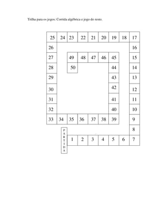 Trilha para os jogos: Corrida algébrica e jogo do resto.
1
9
3
37
10
48
29
20
26
17
13
50
40
42
32
44
24
7
34
22
4 5
154649
30
36 38
18
2 6
8
11
12
14
16
19212325
27
28
31
33 35 39
41
43
4547
P
A
R
T
I
D
A
 