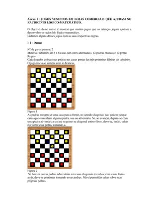 Anexo I : JOGOS VENDIDOS EM LOJAS COMERCIAIS QUE AJUDAM NO
RACIOCÍNIO LÓGICO-MATEMÁTICO.
O objetivo desse anexo é mostrar que muitos jogos que as crianças jogam ajudam a
desenvolver o raciocínio lógico-matemático.
Listamos alguns desses jogos com as suas respectivas regras.
I-1 - Damas
N° de participantes: 2
Material: tabuleiro de 8 x 8 casas (de cores alternadas), 12 pedras brancas e 12 pretas
Regras:
Cada jogador coloca suas pedras nas casas pretas das três primeiras fileiras do tabuleiro.
O jogo inicia-se sempre com as brancas.
Figura 1
As pedras movem-se uma casa para a frente, no sentido diagonal; não podem ocupar
casas que contenham alguma pedra, sua ou adversária. Se, ao avançar, depara-se com
uma pedra adversária e a casa seguinte na diagonal estiver livre, deve-se, então, saltar
por sobre essa pedra, tomando-a.
Figura 2
Se houver outras pedras adversárias em casas diagonais vizinhas, com casas livres
atrás, deve-se continuar tomando essas pedras. Não é permitido saltar sobre suas
próprias pedras.
 